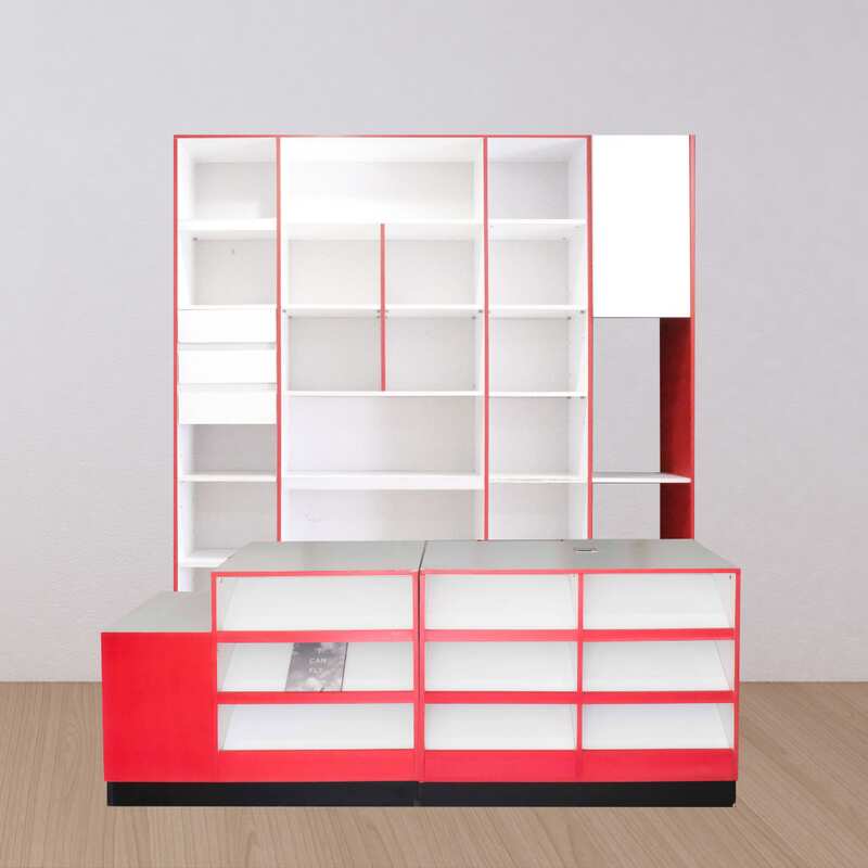 Mini mart counter cash counter Shop counter, white and red, 1 set, 4 pieces