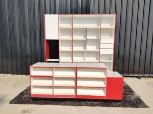 Mini mart counter cash counter Shop counter, white and red, 1 set, 4 pieces