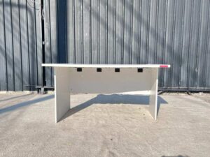 White desk with wooden top, Modernform brand.