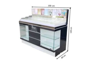 Glass display case, wooden cosmetic display case with 2 glass doors and 3 wooden doors, black color.