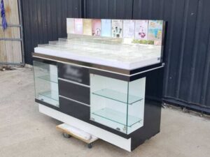 Glass display case, wooden cosmetic display case with 2 glass doors and 3 wooden doors, black color.