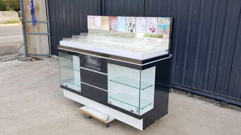 Glass display case, wooden cosmetic display case with 2 glass doors and 3 wooden doors, black color.