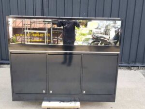 Glass display case, wooden cosmetic display case with 2 glass doors and 3 wooden doors, black color.