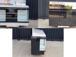 Glass display case, wooden cosmetic display case with 2 glass doors and 3 wooden doors, black color.