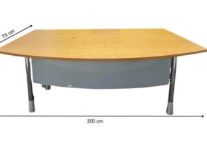Curved-top office desk with light brown wood top and steel legs, MOFLEX brand.