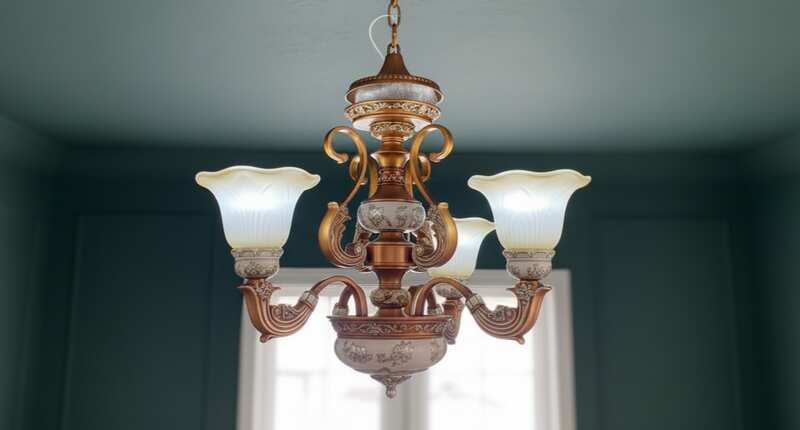 Chandelier, glass pendant lamp, floral pattern, brown and white color.