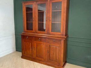 Teak wood display cabinet/storage cabinet with 3 glass doors, 3 wooden doors, and 3 drawers.