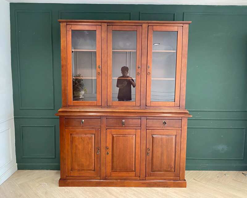 Teak wood display cabinet/storage cabinet with 3 glass doors, 3 wooden doors, and 3 drawers.