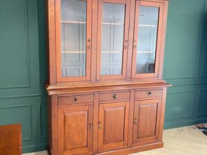 Teak wood display cabinet/storage cabinet with 3 glass doors, 3 wooden doors, and 3 drawers.