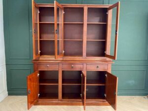 Teak wood display cabinet/storage cabinet with 3 glass doors, 3 wooden doors, and 3 drawers.