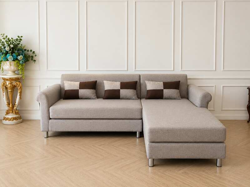 Minimalist L-Shaped Corner Fabric Sofa – Light Gray (Brand New)
