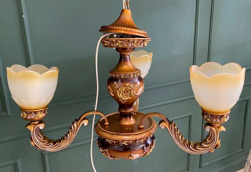 Chandelier, glass pendant lamp, rose pattern, brown color.