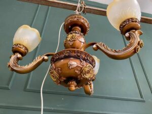 Chandelier, glass pendant lamp, rose pattern, brown color.