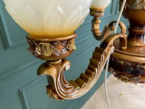 Chandelier, glass pendant lamp, rose pattern, brown color.