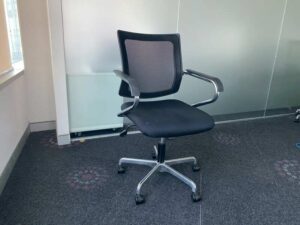 Office chair, steel legs, steel armrests, fabric seat, mesh backrest, Perfect brand.