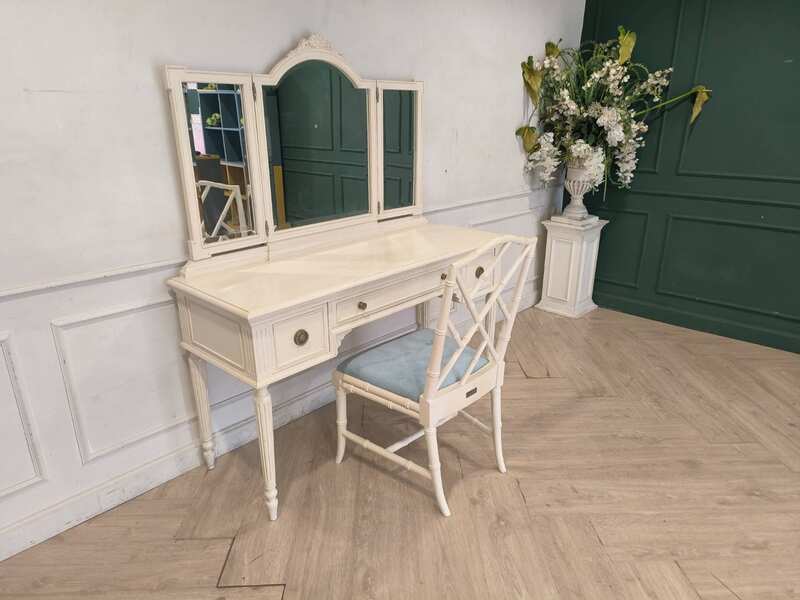 White Vanity Table Set with a 3-panel mirror and matching chair by Pierre Philippe