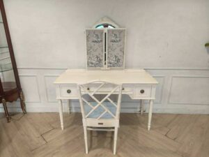 White Vanity Table Set with a 3-panel mirror and matching chair by Pierre Philippe