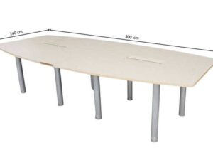 12-seat conference table, steel legs with power strip, light brown wood top (2)