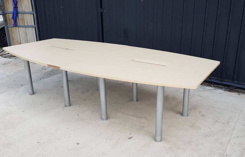 12-seat conference table, steel legs with power strip, light brown wood top (2)
