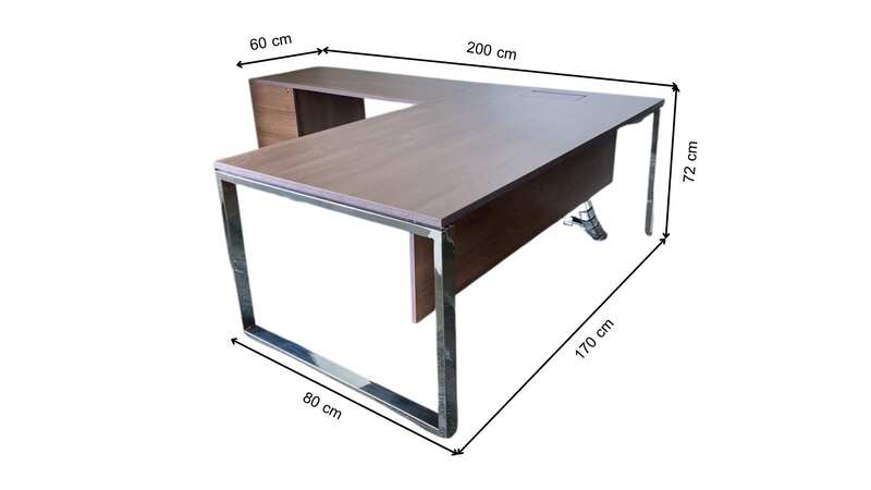L-shaped corner desk with 3 drawers, steel legs, with rails, and power outlet.