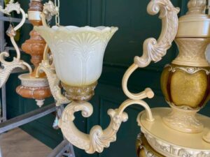Cream-colored glass chandelier.