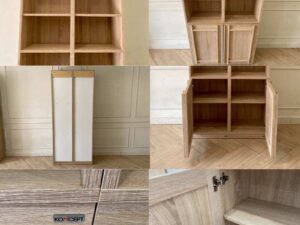 Light wood shelving unit with two lower doors, Koncept brand, Lybrary model.