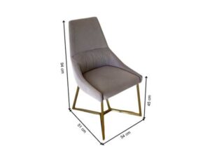 Chair with gold-colored metal legs and grey velvet seat.