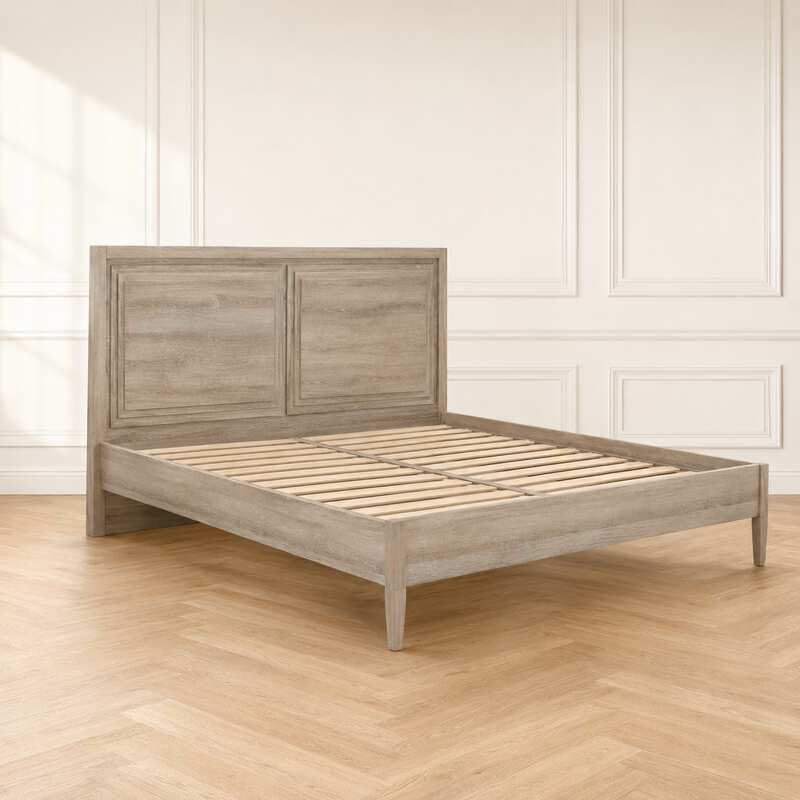 5-foot wooden bed, light brown, minimalist style.