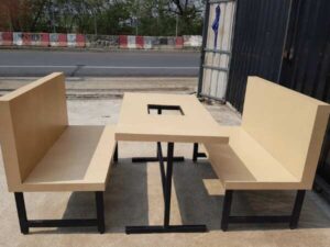 Set of 4 wooden tables and chairs, steel legs, black