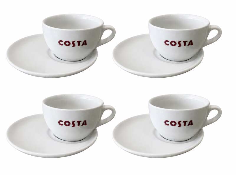 White ceramic coffee cup set with handle and saucer, Costa Coffee brand.