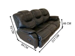 Black 3-seater leather sofa bed with a central cushion that folds down to become a cup holder._DDHQY5KRSU