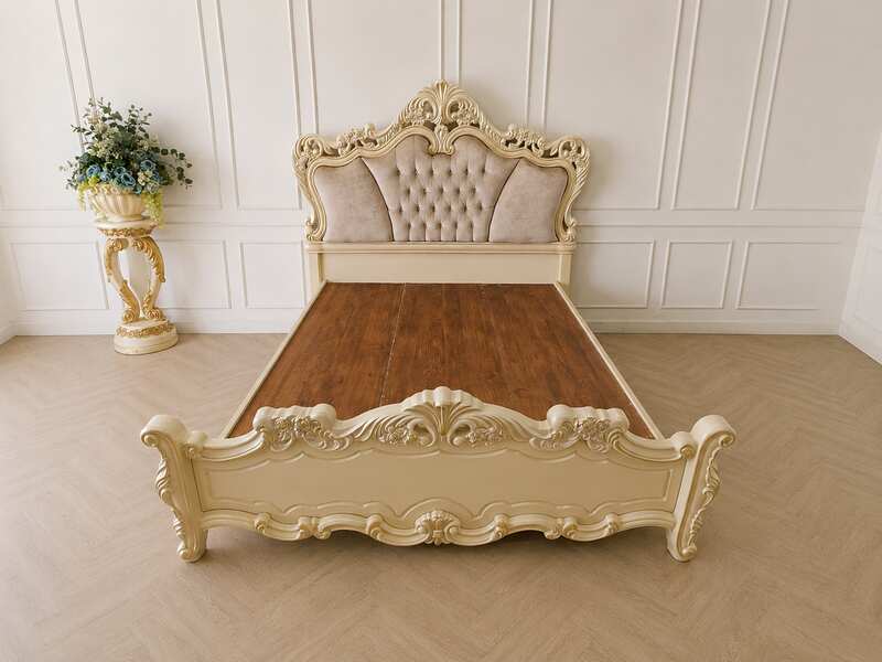6-foot Louis XV bed with beige nude velvet headboard and carved floral frame.