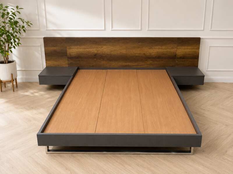 5-foot dark brown wooden bed, SB FURNITURE brand.