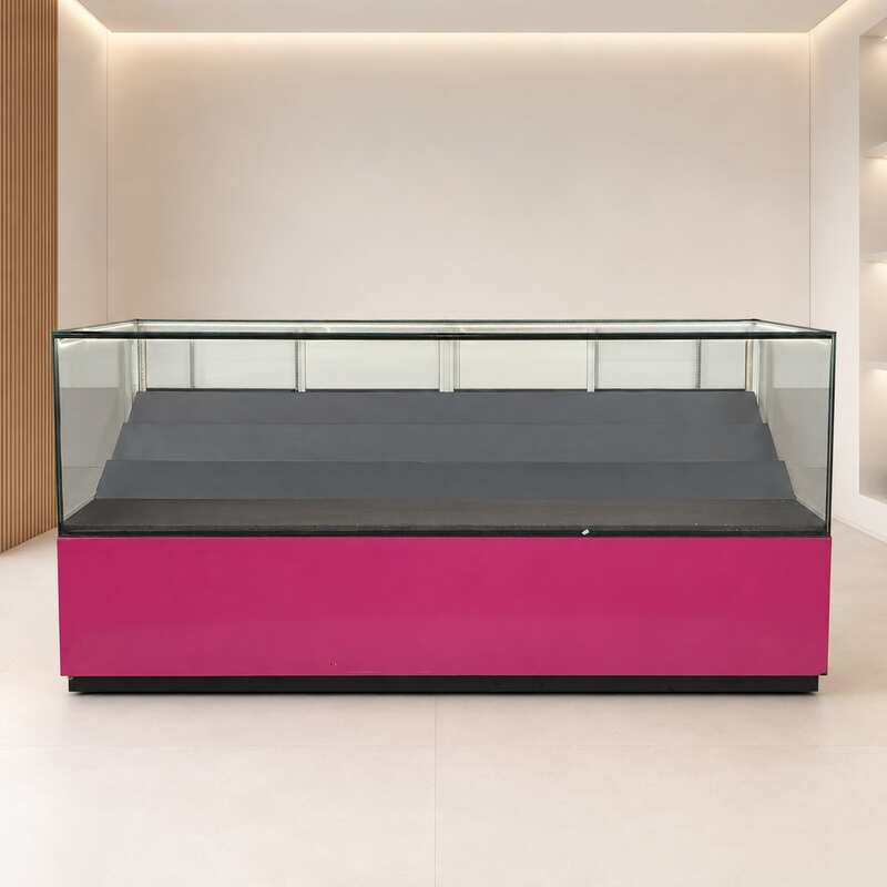 230 cm LED Glass Display Counter with Pink–Black Base and Tiered Shelves