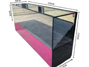 230 cm LED Glass Display Counter with Pink–Black Base and Tiered Shelves