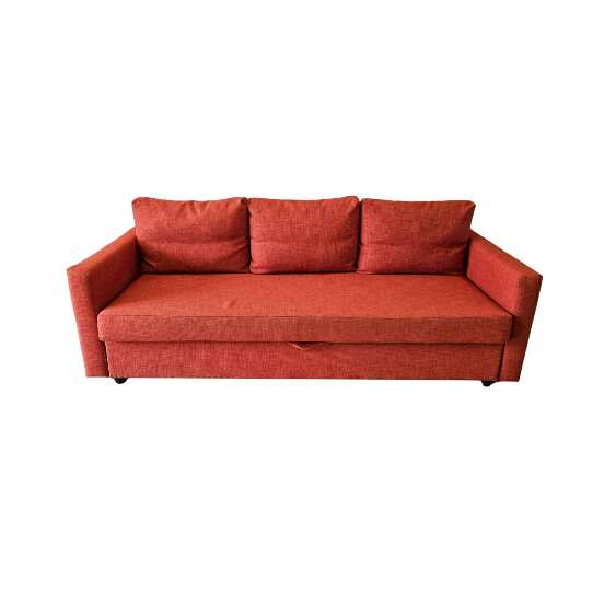 3-seater sofa bed, fabric upholstery, red-orange color, with under-seat storage.