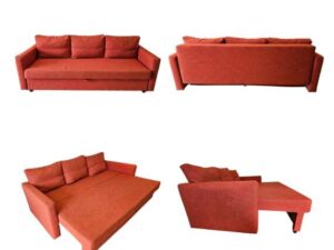 3-seater sofa bed, fabric upholstery, red-orange color, with under-seat storage.