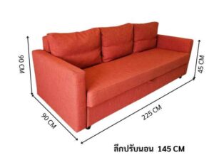 3-seater sofa bed, fabric upholstery, red-orange color, with under-seat storage.