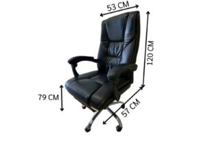 Office chair with massage function, black leather upholstery.