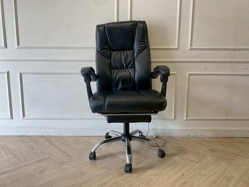 Office chair with massage function, black leather upholstery.