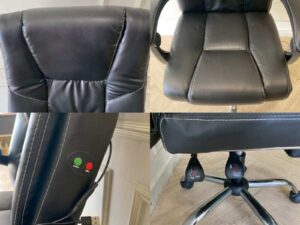 Office chair with massage function, black leather upholstery.