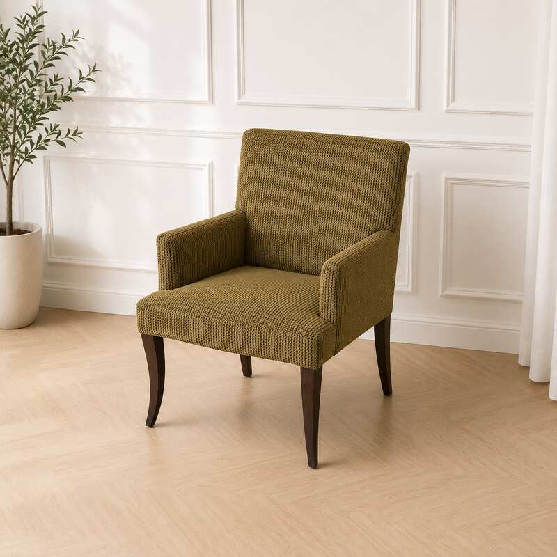 Armchair with wooden legs and fabric seat, checkered pattern, brown color._R3IIG3CKGR_EKHJNYVTB4
