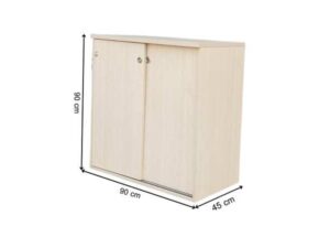 Cream-colored, wooden-framed filing cabinet with 2 sliding doors.