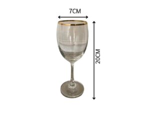 Standard-shaped wine glass with gold rim.