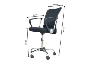 Office chair, fabric upholstery, mesh backrest, steel legs, black color.