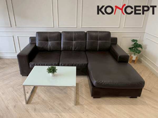 3-seat L-shaped corner sofa, black leather cushion, Koncept brand