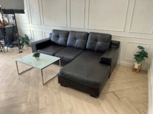 3-seat L-shaped corner sofa, black leather cushion, Koncept brand