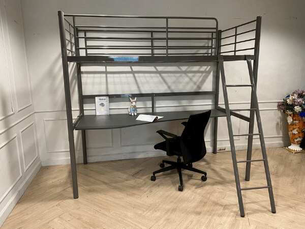 3-foot bunk bed with work desk, steel frame, gray