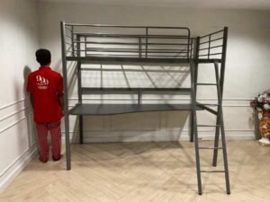 3-foot bunk bed with work desk, steel frame, gray