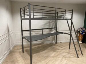 3-foot bunk bed with work desk, steel frame, gray